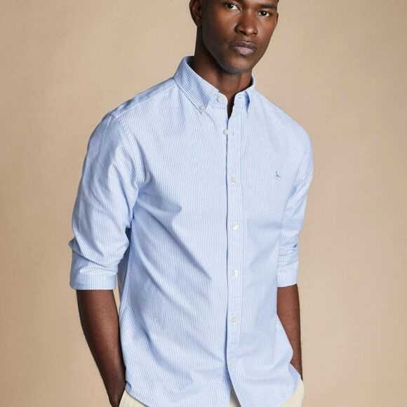 Charles Tyrwhitt Button Collar Stretch Oxford Stripe Ocean Blue L NWT IN PKG - Picture 1 of 7